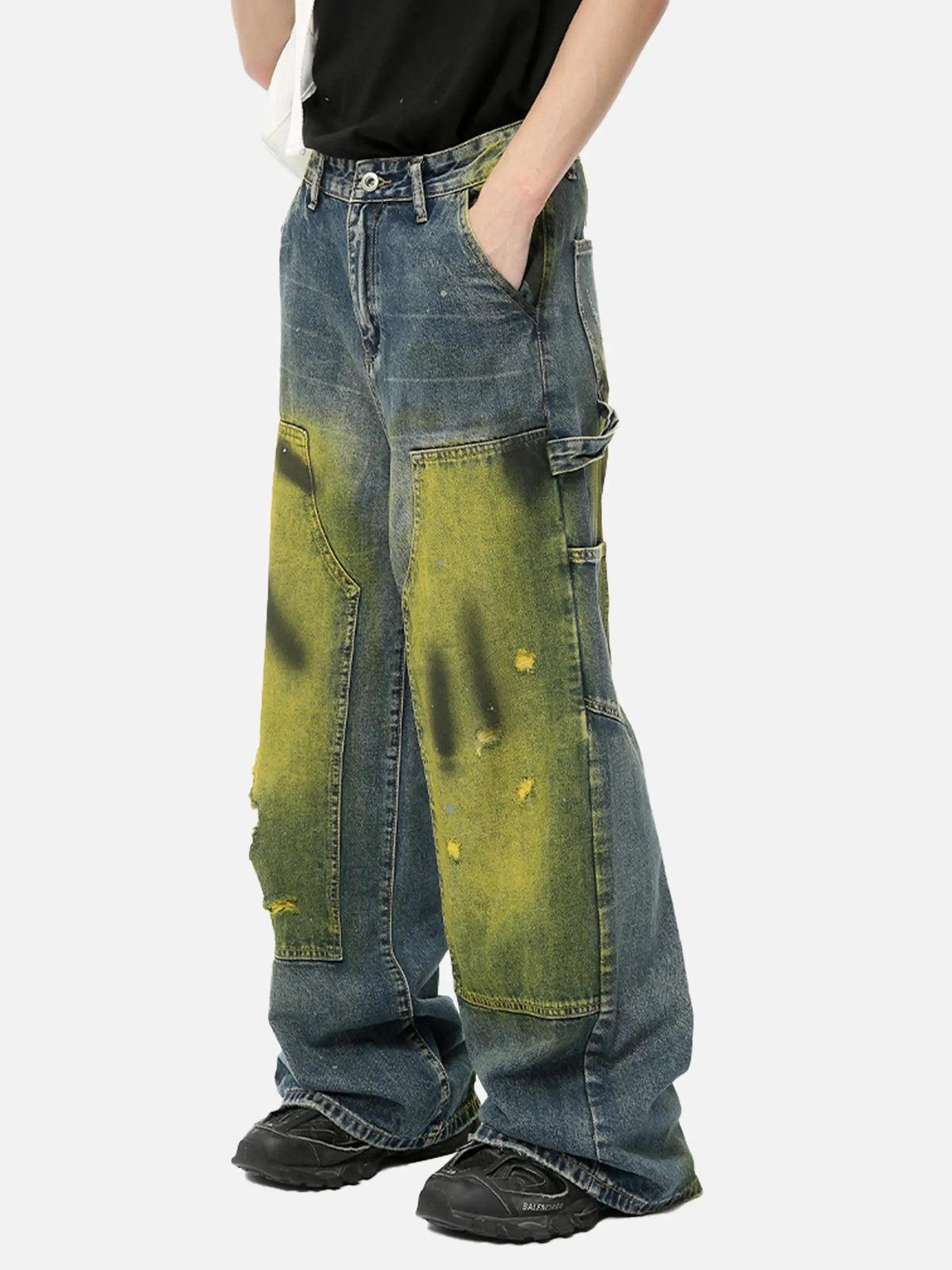 Vintage Spray-Painted Patch Ripped Jeans