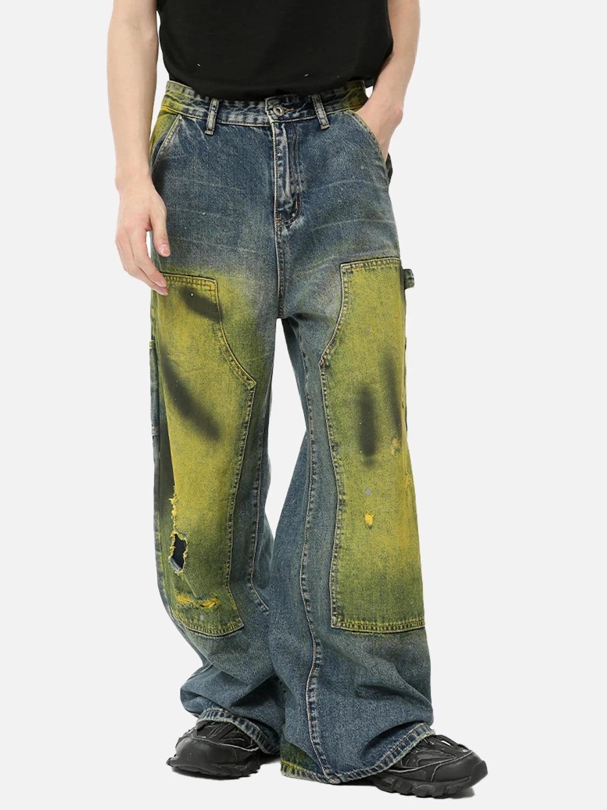 Vintage Spray-Painted Patch Ripped Jeans