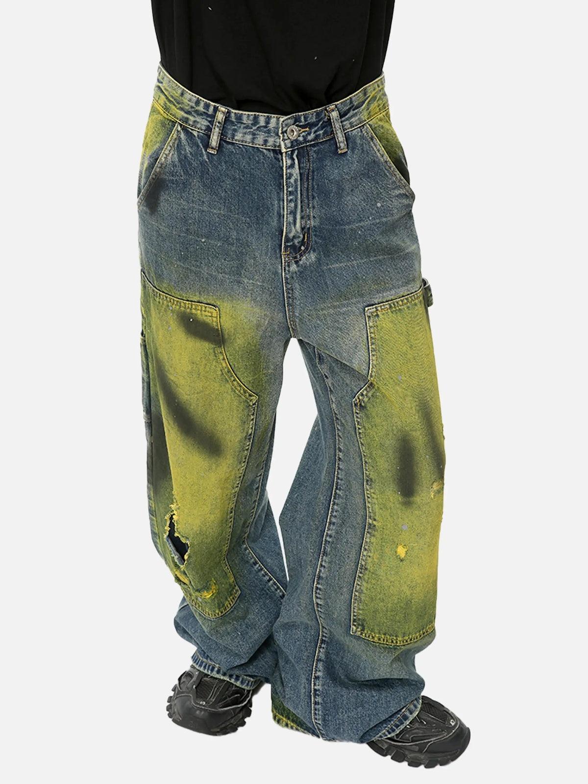 Vintage Spray-Painted Patch Ripped Jeans