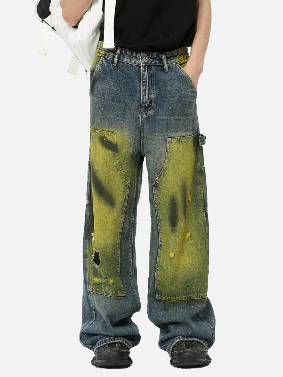 Vintage Spray-Painted Patch Ripped Jeans