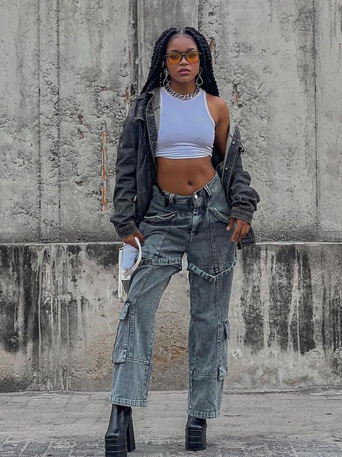 Vintage Washed Denim Cargo Jeans