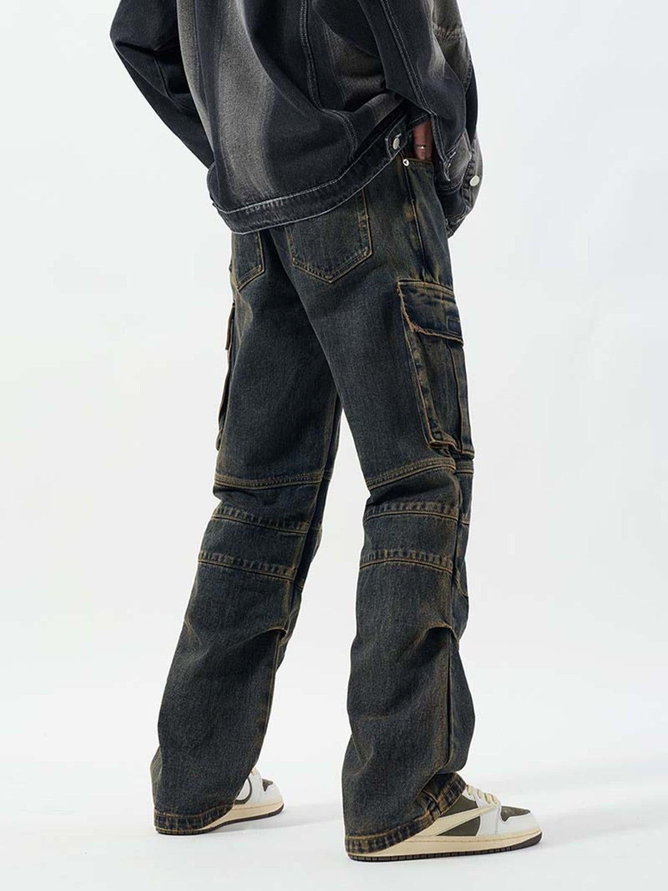 Washed And Distressed Multi-Pocket Jeans