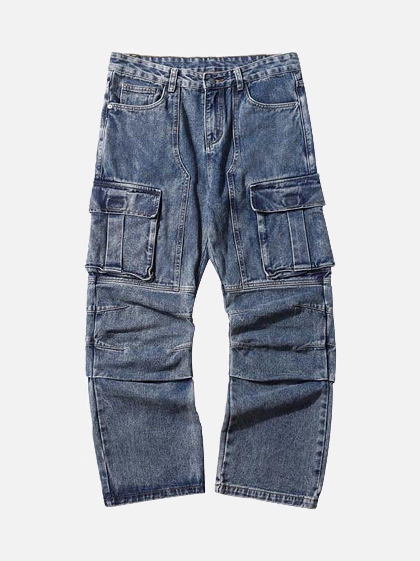 Washed And Distressed Multi-Pocket Jeans