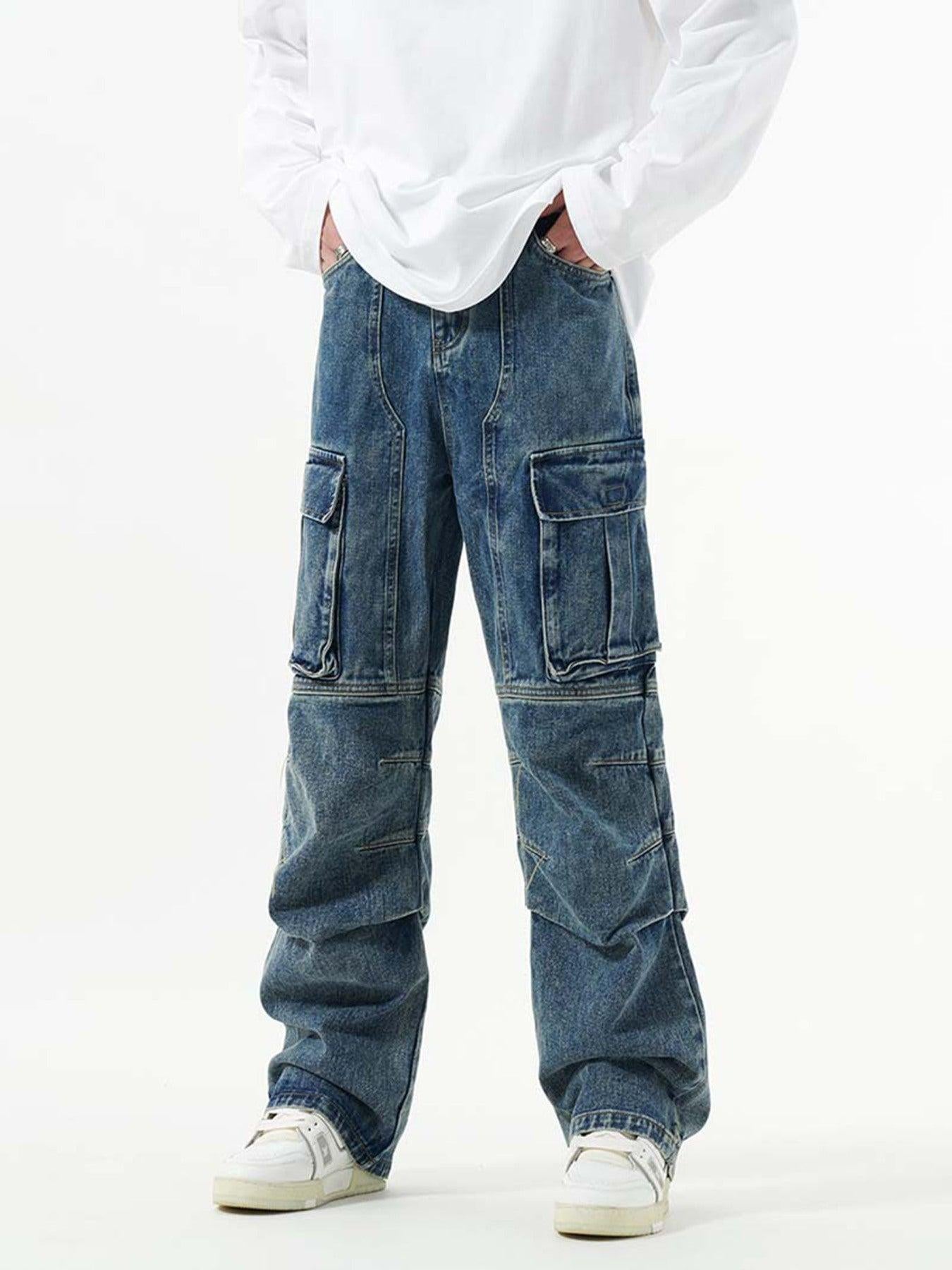 Washed And Distressed Multi-Pocket Jeans
