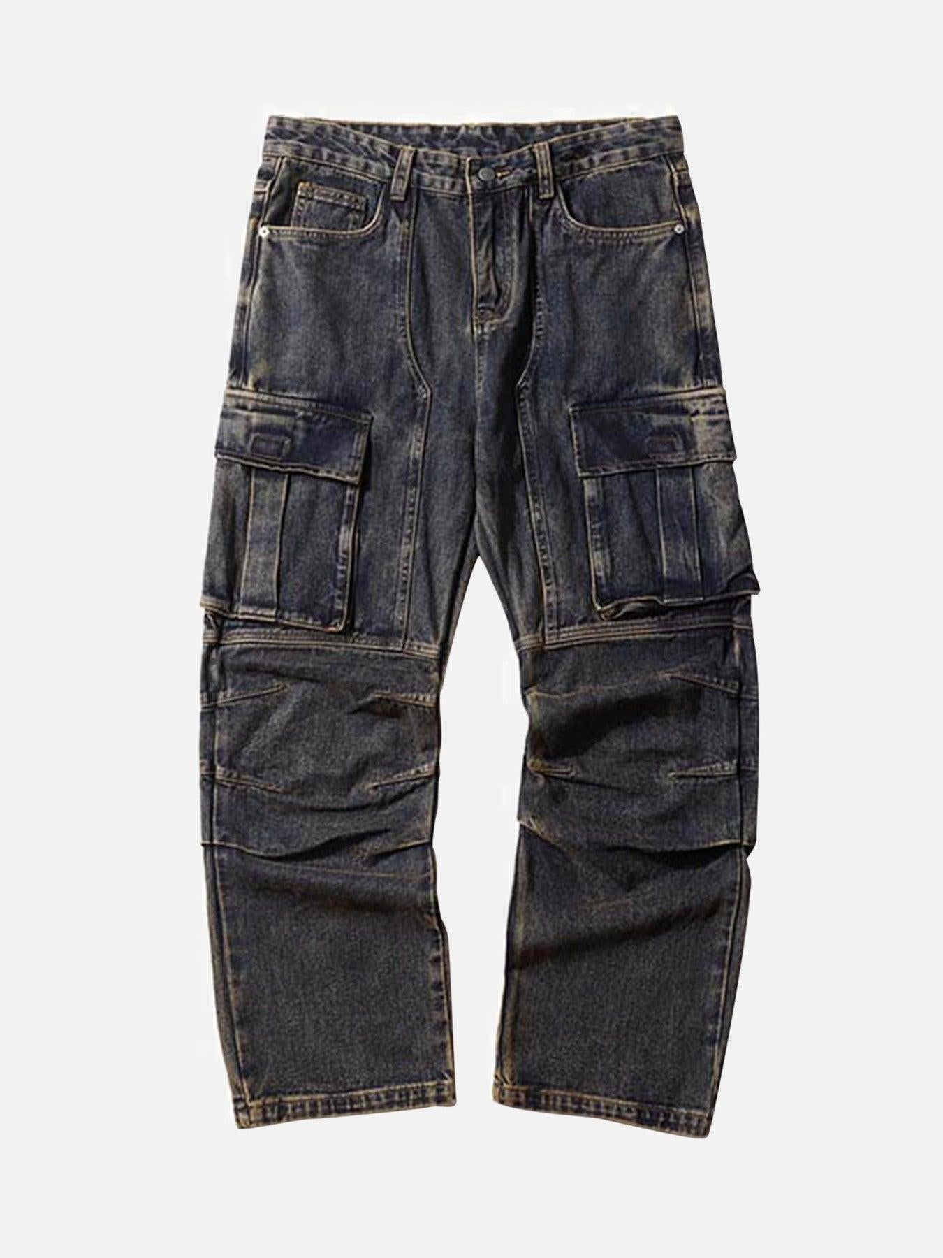 Washed And Distressed Multi-Pocket Jeans