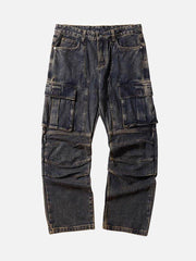 Washed And Distressed Multi-Pocket Jeans