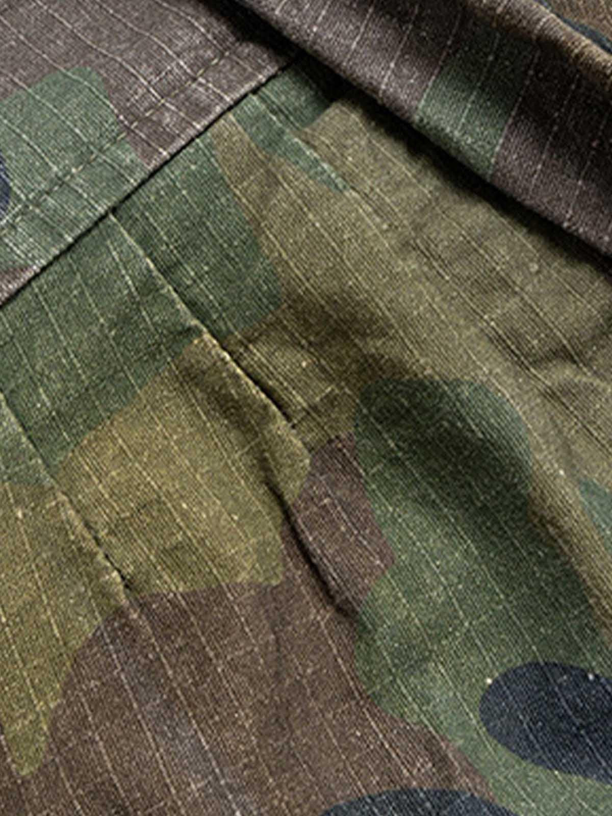 Washed Destroyed Camouflage Drawstring Cargo Shorts