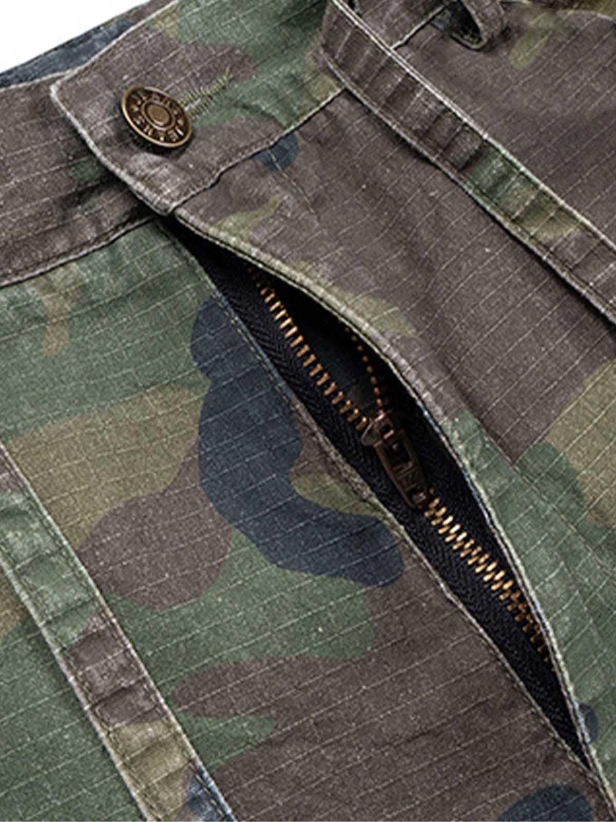 Washed Destroyed Camouflage Drawstring Cargo Shorts