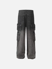 Washed Distressed Cargo Pocket Jeans