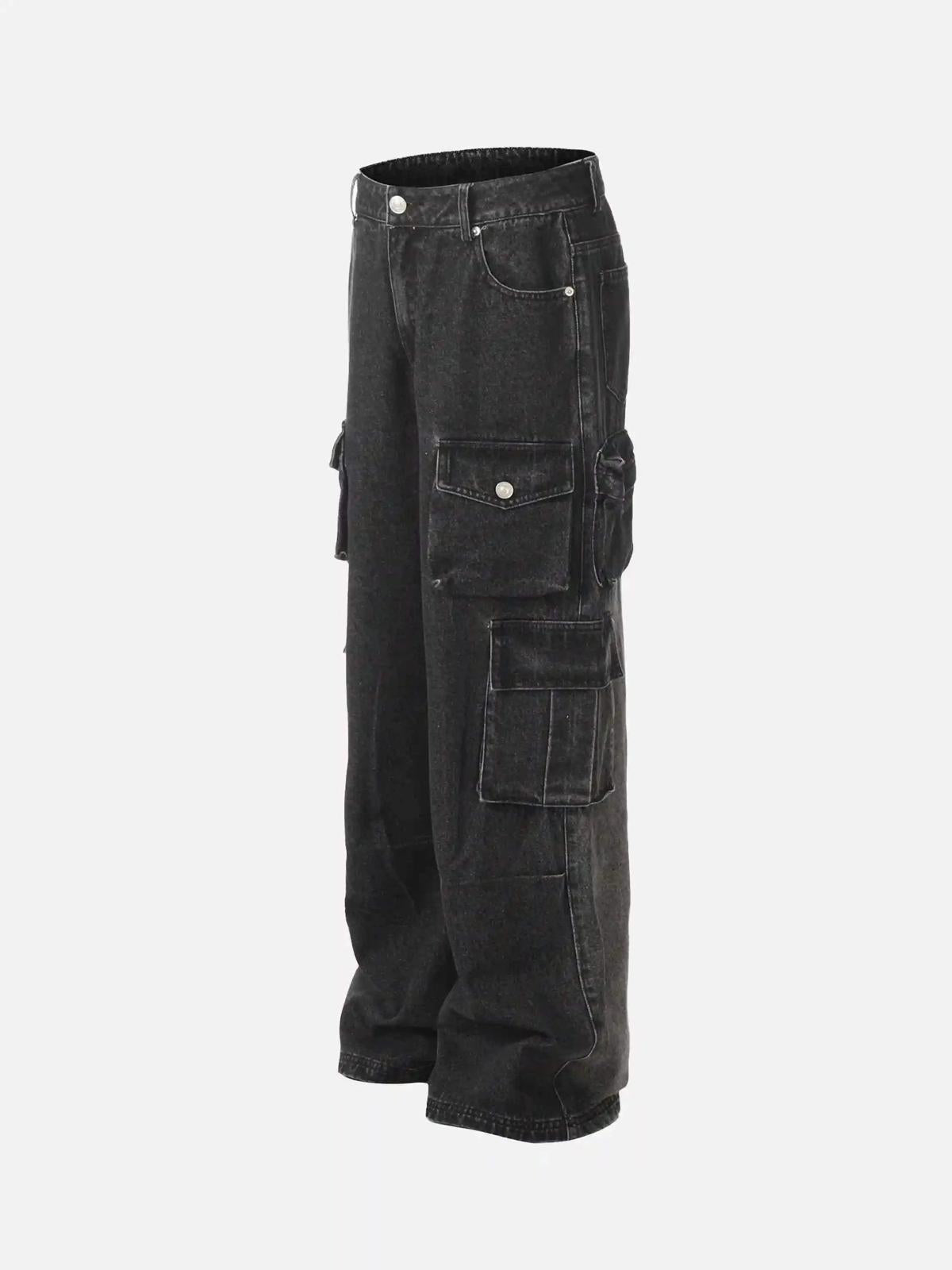 Washed Distressed Cargo Pocket Jeans