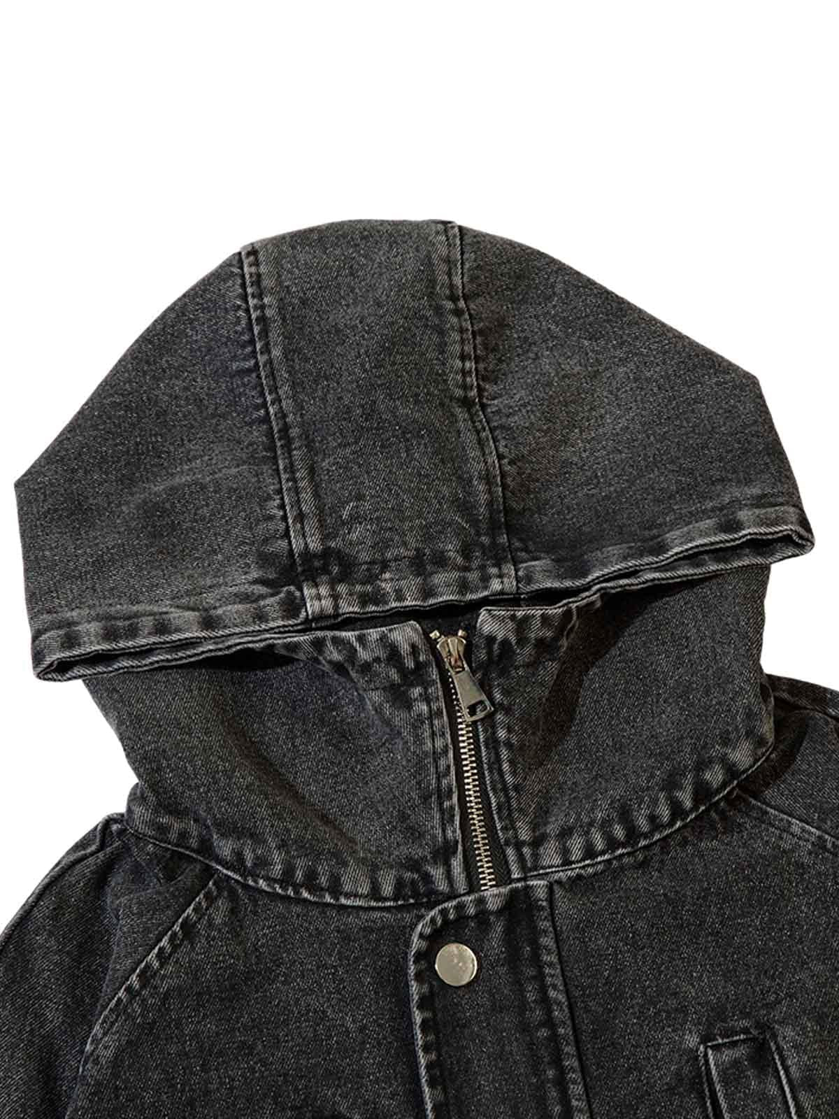 Washed Distressed Denim Zip-Up Hoodie