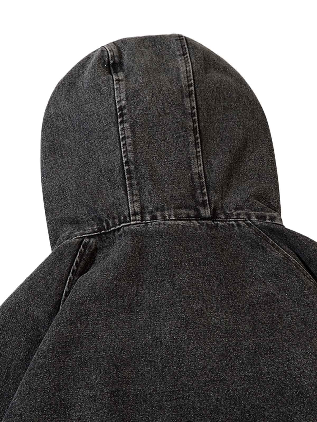 Washed Distressed Denim Zip-Up Hoodie