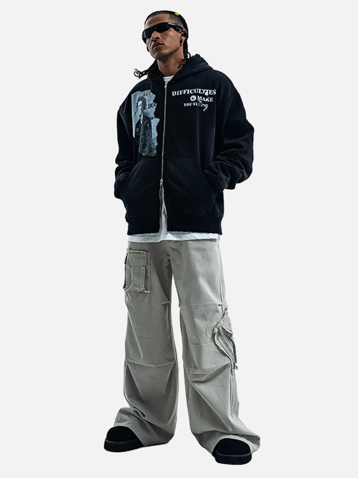 Washed Distressed Retro Portrait Print Double Zipper Hoodie