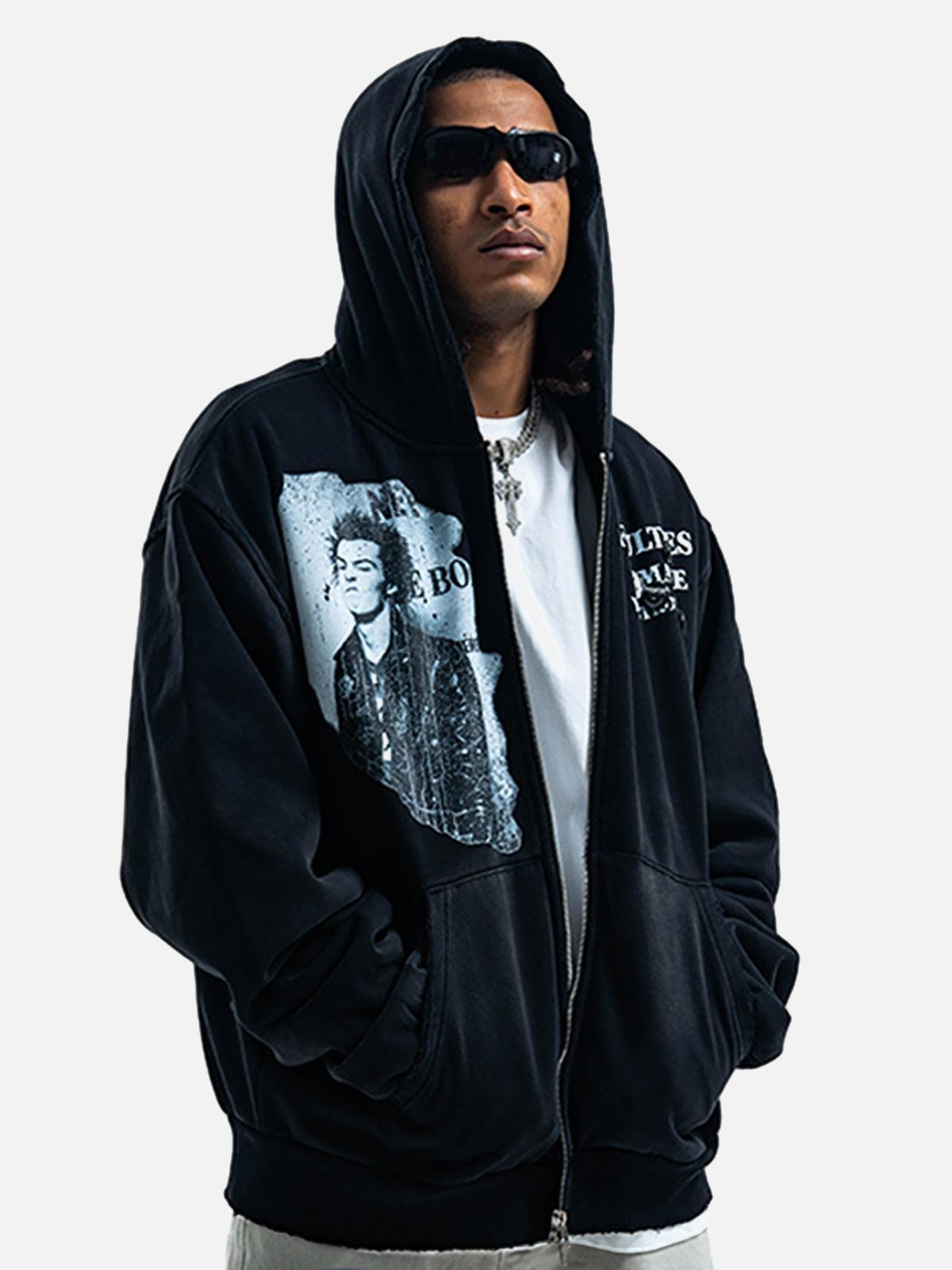 Washed Distressed Retro Portrait Print Double Zipper Hoodie