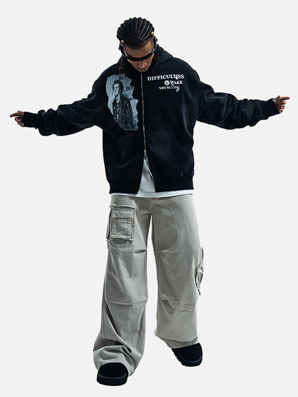 Washed Distressed Retro Portrait Print Double Zipper Hoodie