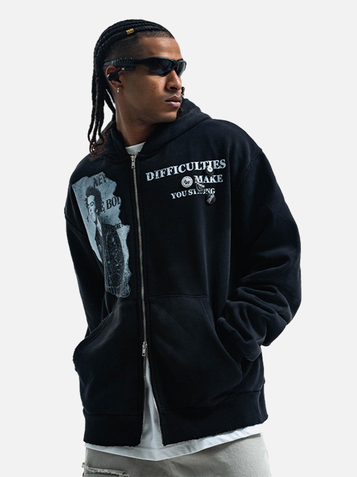 Washed Distressed Retro Portrait Print Double Zipper Hoodie