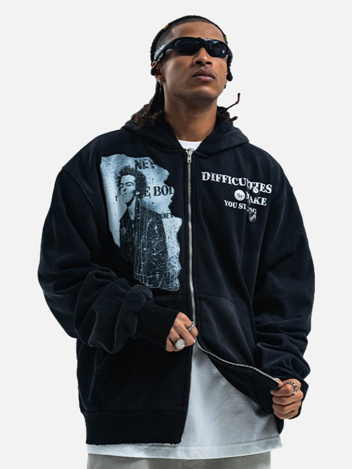 Washed Distressed Retro Portrait Print Double Zipper Hoodie