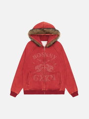 Washed Fur Collar Zip Up Hoodie