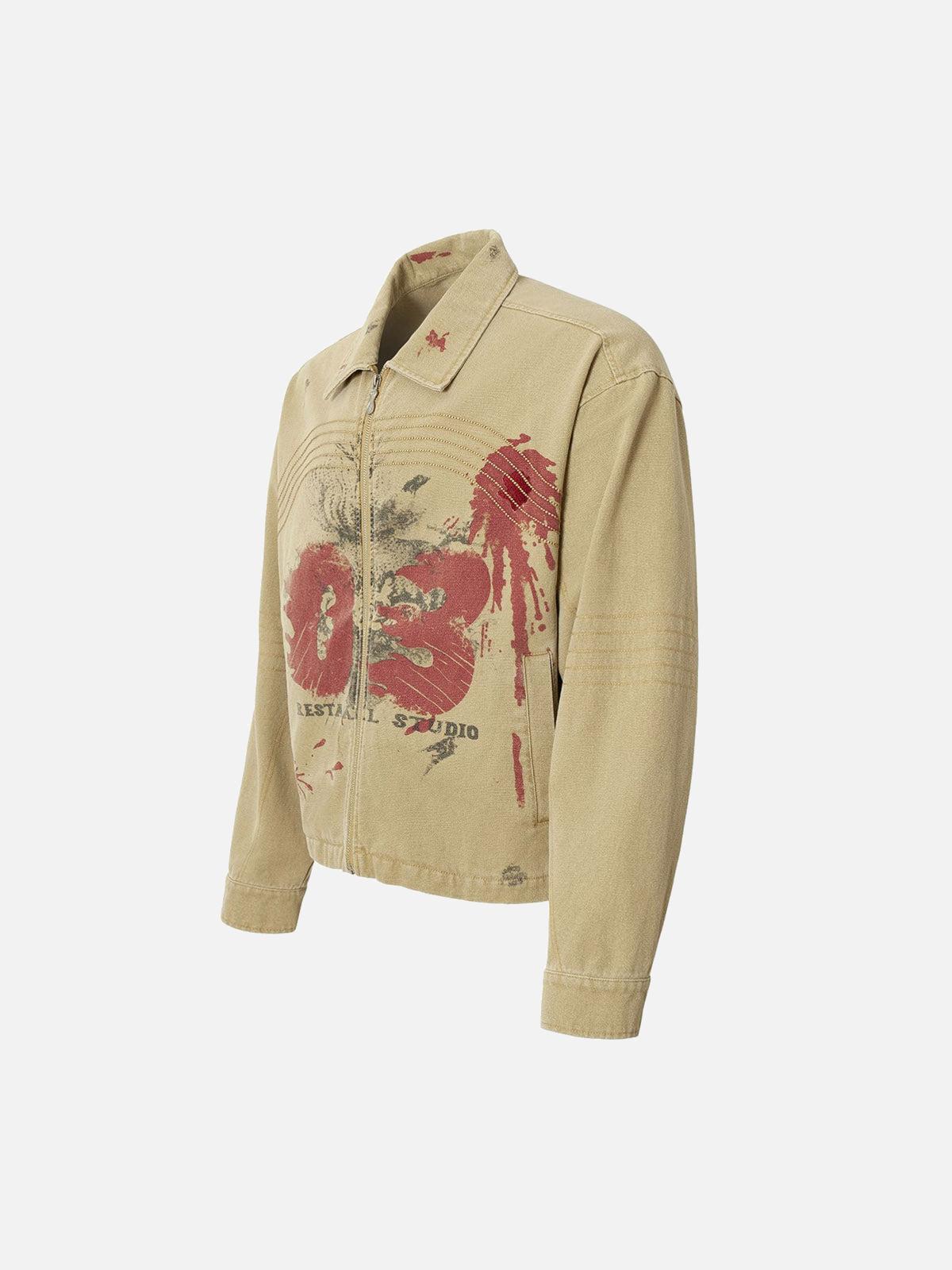 Washed Graffiti Zip Up Workwear Jacket