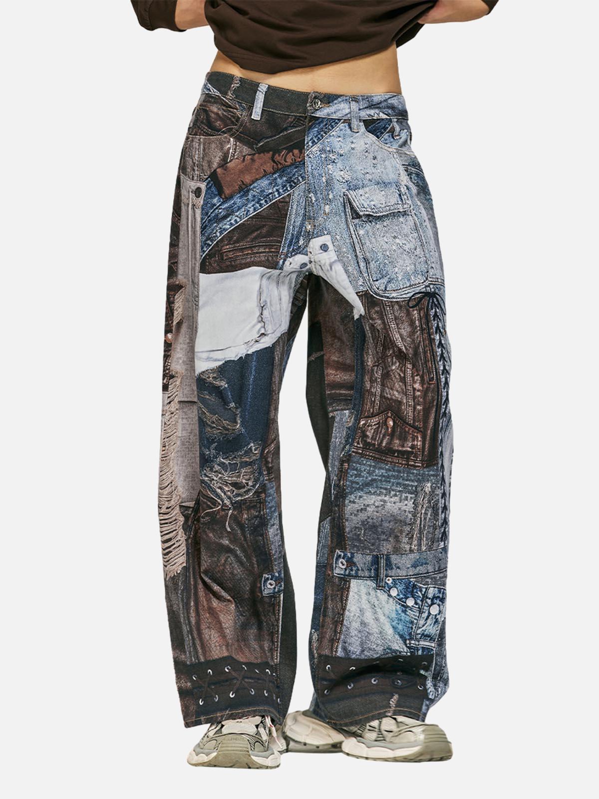 Washed Patchwork Baggy Jeans