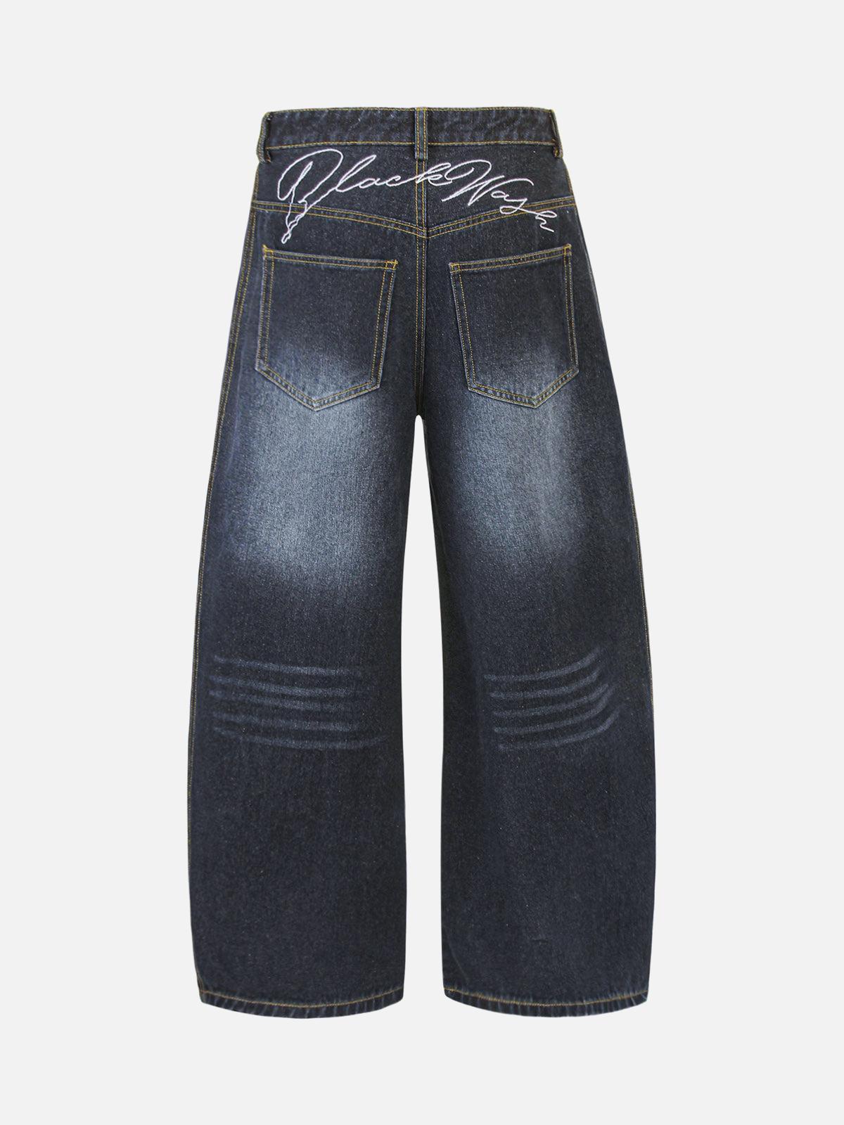 Washed Ripped Embroidered Barrel Jeans