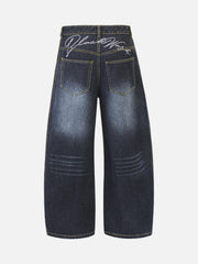 Washed Ripped Embroidered Barrel Jeans