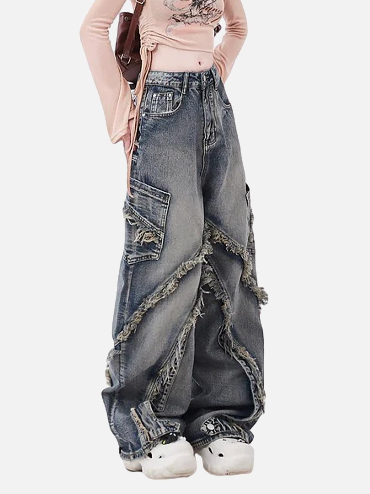 Washed Side Pocket Raw Edge Baggy Jeans