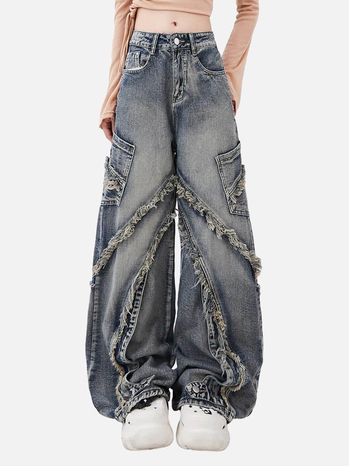 Washed Side Pocket Raw Edge Baggy Jeans