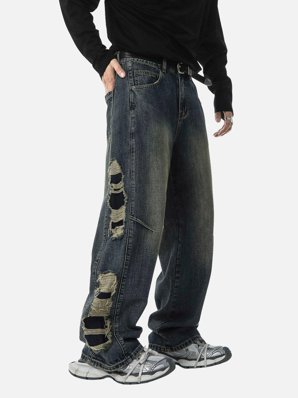 Jeans Ripped On One Side Washed Side Ripped Straight Jeans – Loczu